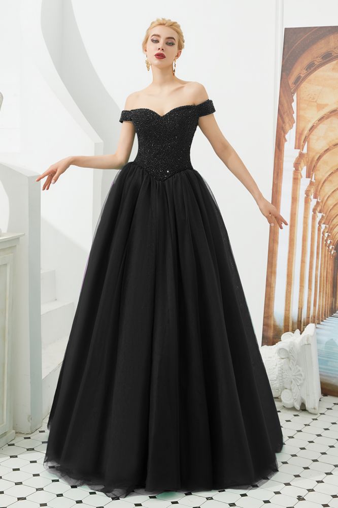 Vestido de fiesta de princesa con hombros descubiertos, corte en A, tul, largo hasta el suelo, con cuentas y cordones