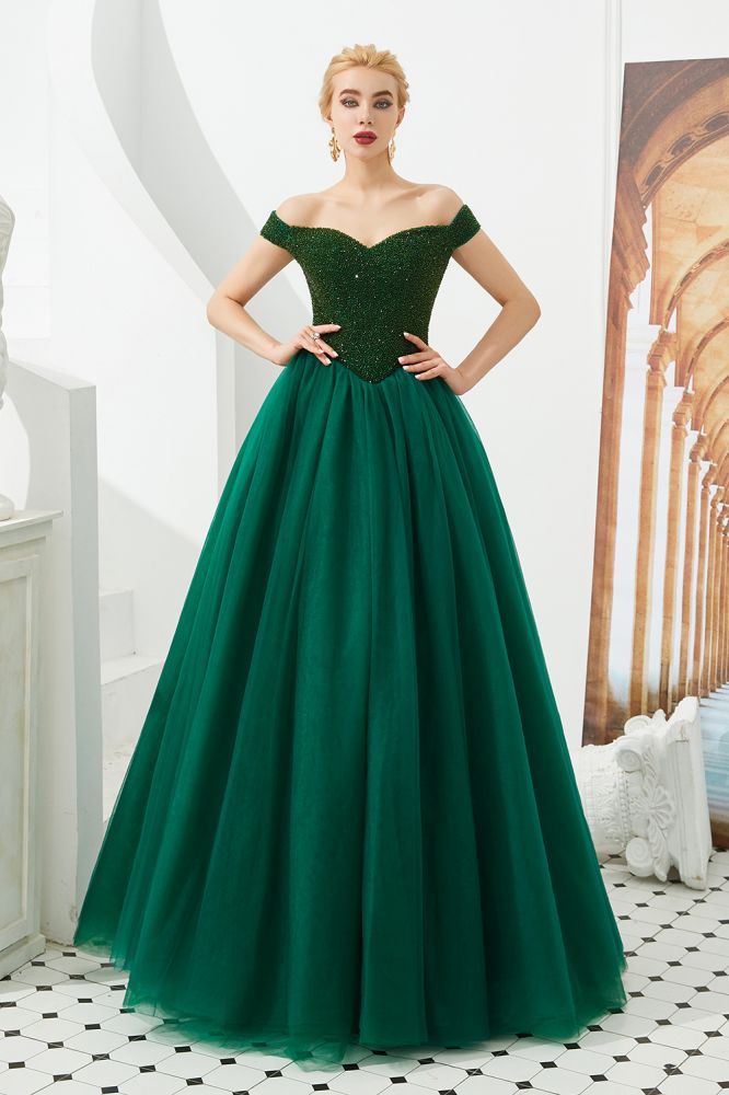 Vestido de fiesta de princesa con hombros descubiertos, corte en A, tul, largo hasta el suelo, con cuentas y cordones