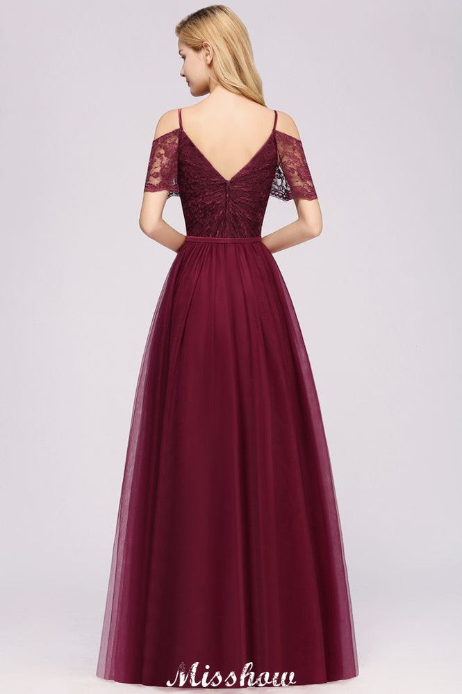 Vestido de dama de honor color burdeos con hombros descubiertos, corte Aline, largo hasta el suelo, de tul, para noche