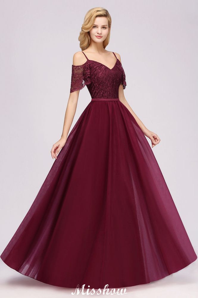 Vestido de dama de honor color burdeos con hombros descubiertos, corte Aline, largo hasta el suelo, de tul, para noche