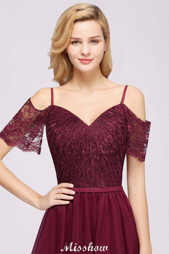 Vestido de dama de honor color burdeos con hombros descubiertos, corte Aline, largo hasta el suelo, de tul, para noche