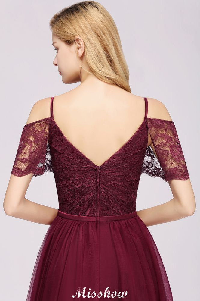 Vestido de dama de honor color burdeos con hombros descubiertos, corte Aline, largo hasta el suelo, de tul, para noche