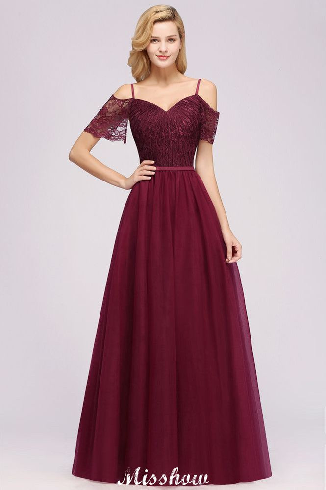 Vestido de dama de honor color burdeos con hombros descubiertos, corte Aline, largo hasta el suelo, de tul, para noche
