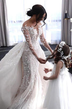 Off-the-Shoulder Deep V-Neck Wedding Dress with Overskirt