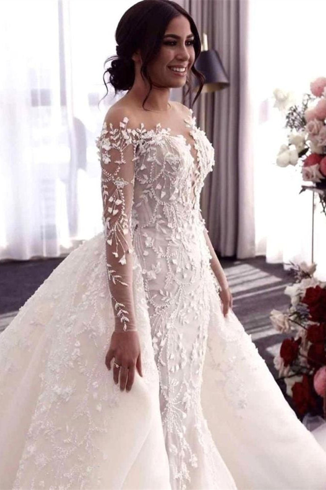 Off-the-Shoulder Deep V-Neck Wedding Dress with Overskirt