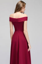 Vestido de fiesta burdeos largo hasta el suelo con hombros descubiertos