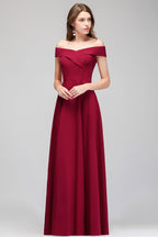 Vestido de fiesta burdeos largo hasta el suelo con hombros descubiertos