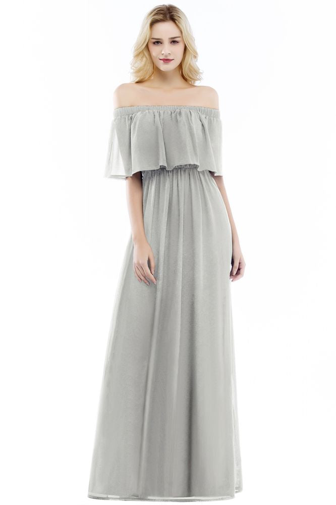 Schulterfreies bodenlanges Chiffon-Abendkleid ärmelloses Ballkleid