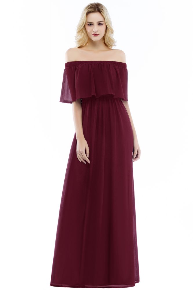 Schulterfreies bodenlanges Chiffon-Abendkleid ärmelloses Ballkleid