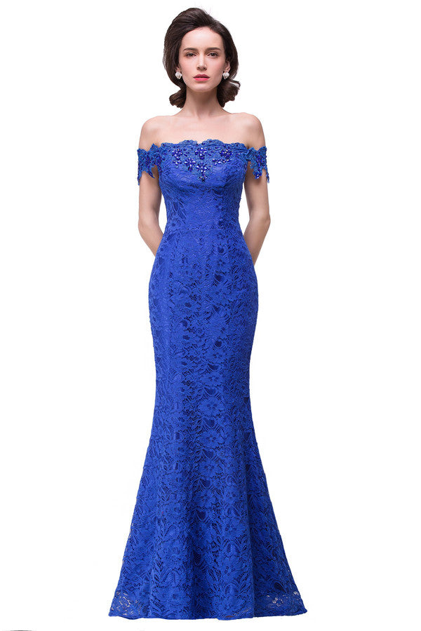 Vestidos de dama de honor de sirena con encaje y hombros descubiertos hasta el suelo