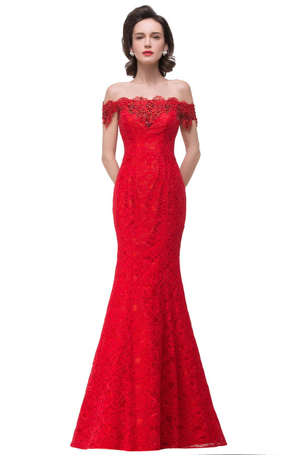 Vestidos de dama de honor de sirena con encaje y hombros descubiertos hasta el suelo