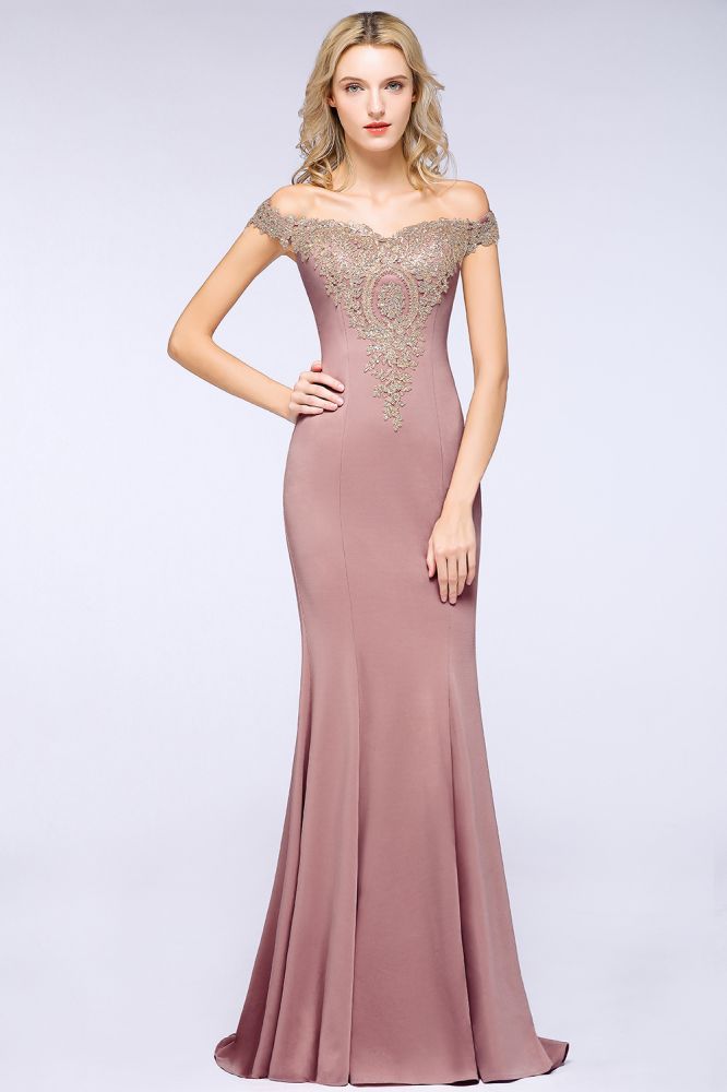 Vestido de noche estilo sirena con apliques dorados y hombros descubiertos, vestido de fiesta ajustado