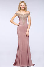 Vestido de noche estilo sirena con apliques dorados y hombros descubiertos, vestido de fiesta ajustado
