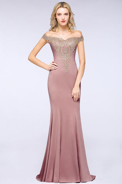 Off the Shoulder Gold Appliques Mermaid Evening Gowns Slim Prom Dress