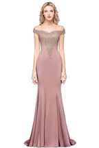 Vestido de noche estilo sirena con apliques dorados y hombros descubiertos, vestido de fiesta ajustado