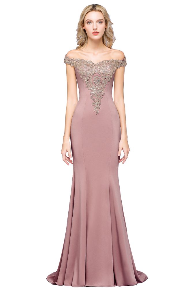 Vestido de noche estilo sirena con apliques dorados y hombros descubiertos, vestido de fiesta ajustado
