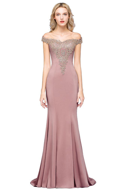 Off the Shoulder Gold Appliques Mermaid Evening Gowns Slim Prom Dress