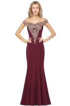Vestido de noche estilo sirena con apliques dorados y hombros descubiertos, vestido de fiesta ajustado
