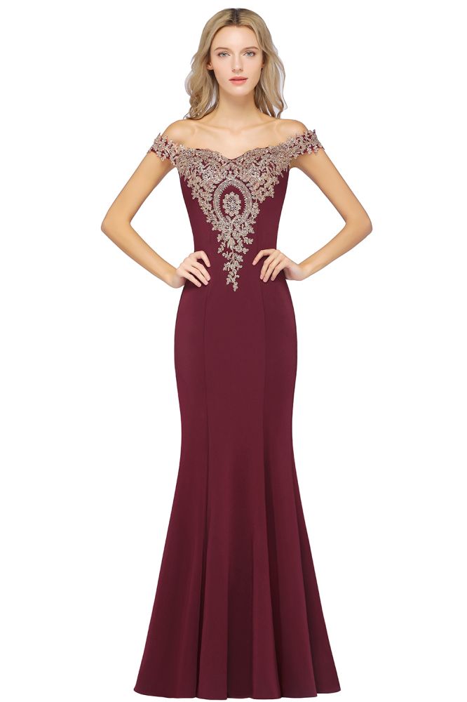 Vestido de noche estilo sirena con apliques dorados y hombros descubiertos, vestido de fiesta ajustado