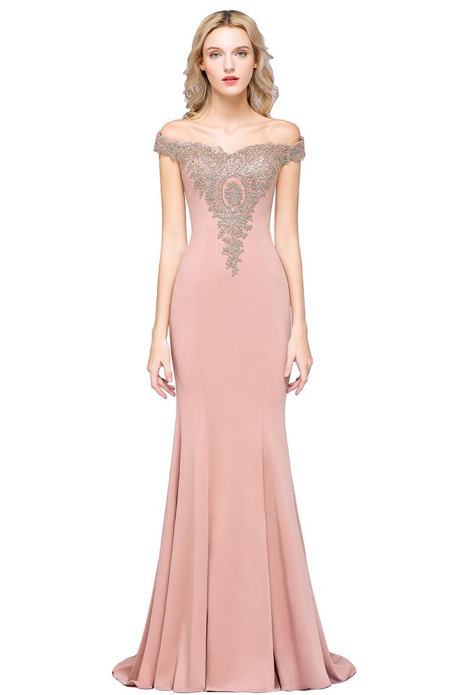 Vestido de noche estilo sirena con apliques dorados y hombros descubiertos, vestido de fiesta ajustado