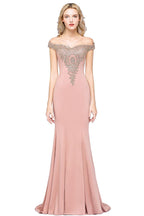 Vestido de noche estilo sirena con apliques dorados y hombros descubiertos, vestido de fiesta ajustado