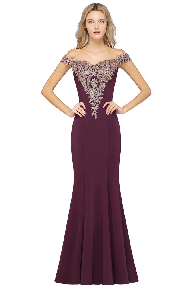 Vestido de noche estilo sirena con apliques dorados y hombros descubiertos, vestido de fiesta ajustado