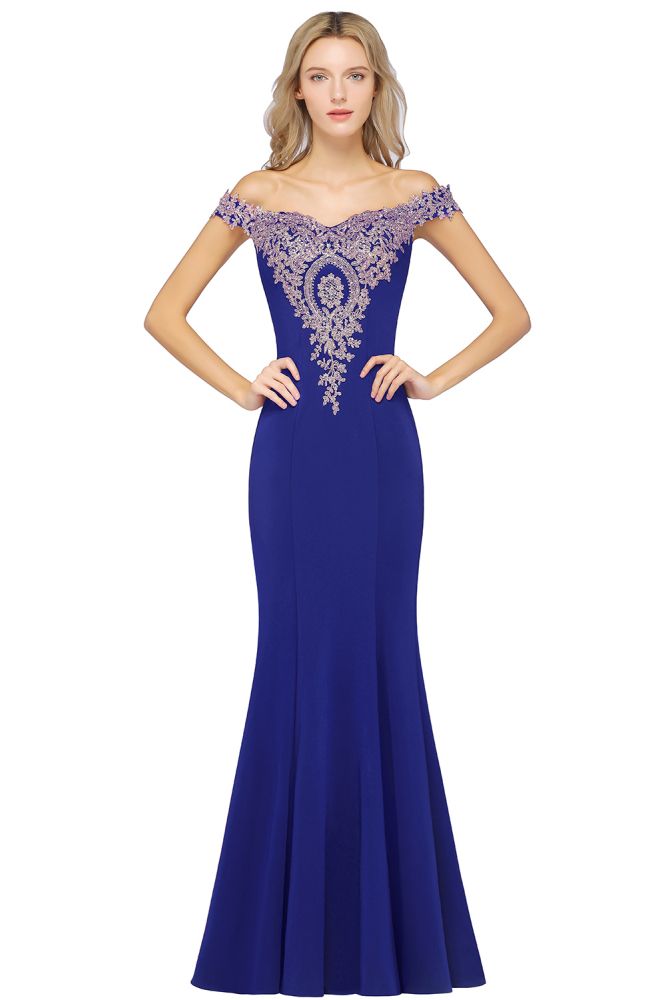 Vestido de noche estilo sirena con apliques dorados y hombros descubiertos, vestido de fiesta ajustado