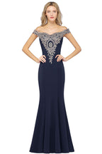 Vestido de noche estilo sirena con apliques dorados y hombros descubiertos, vestido de fiesta ajustado