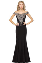 Vestido de noche estilo sirena con apliques dorados y hombros descubiertos, vestido de fiesta ajustado