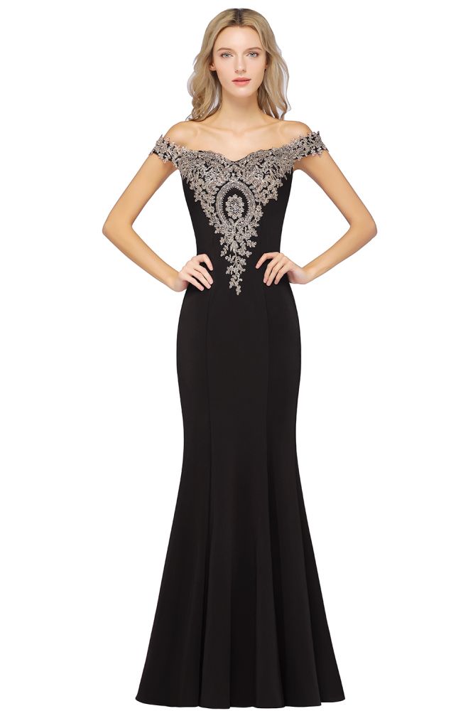 Vestido de noche estilo sirena con apliques dorados y hombros descubiertos, vestido de fiesta ajustado