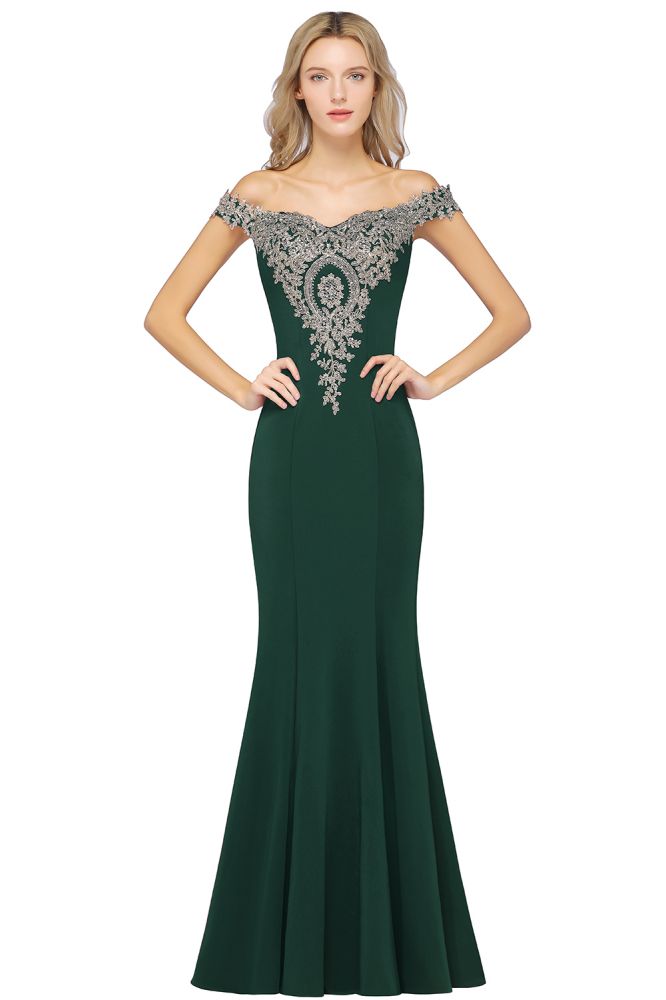 Vestido de noche estilo sirena con apliques dorados y hombros descubiertos, vestido de fiesta ajustado