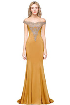 Vestido de noche estilo sirena con apliques dorados y hombros descubiertos, vestido de fiesta ajustado