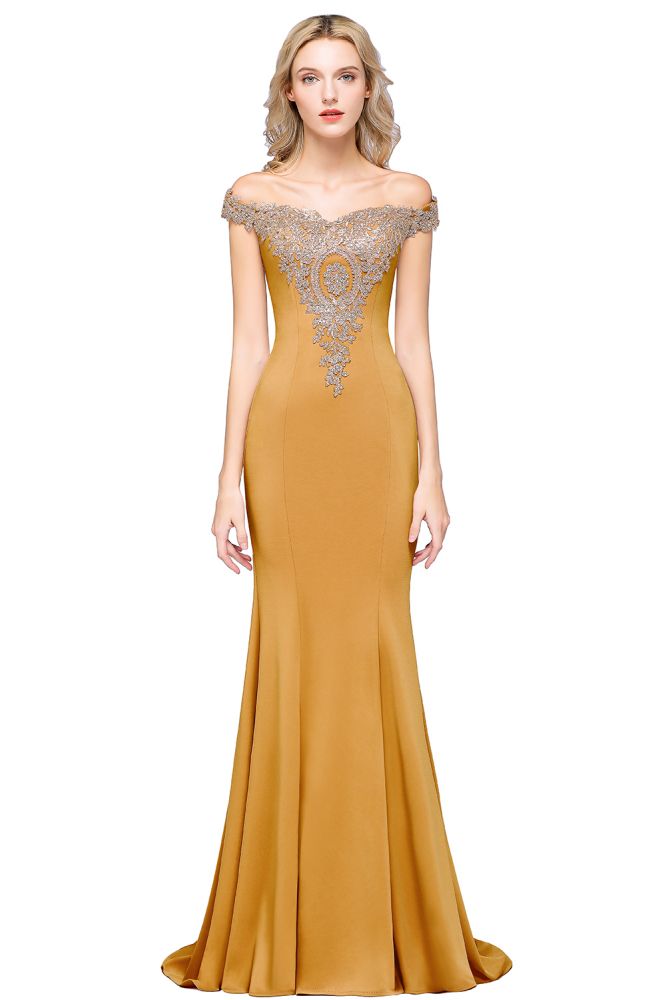 Vestido de noche estilo sirena con apliques dorados y hombros descubiertos, vestido de fiesta ajustado
