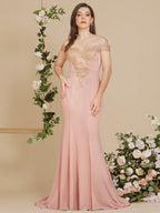 Vestido de noche estilo sirena con apliques dorados y hombros descubiertos, vestido de fiesta ajustado