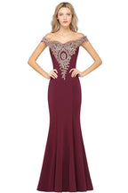 Vestido de noche estilo sirena con apliques dorados y hombros descubiertos, vestido de fiesta ajustado