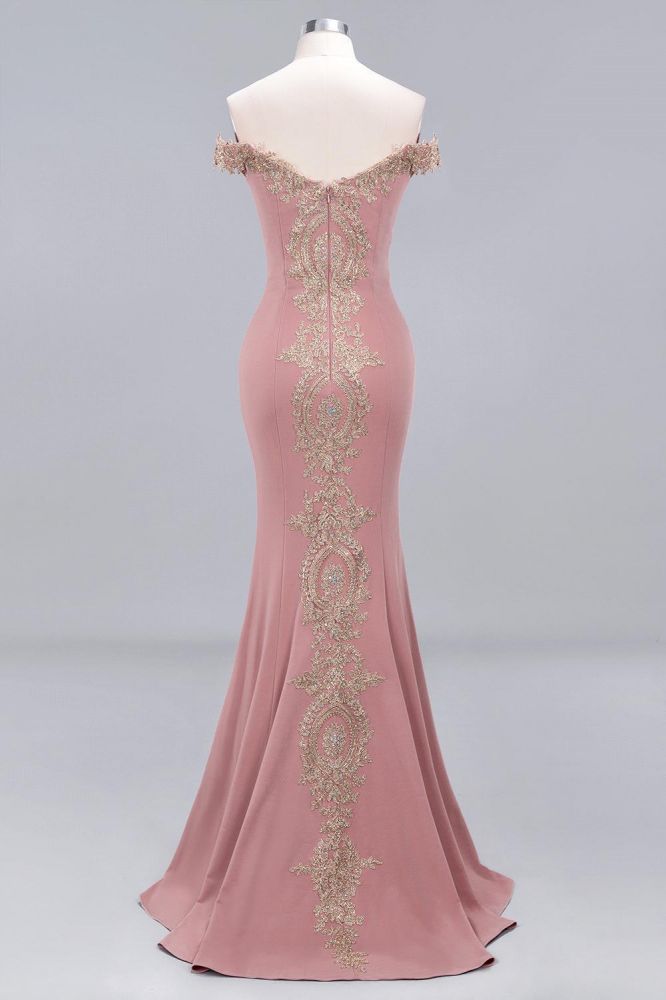 Vestido de noche estilo sirena con apliques dorados y hombros descubiertos, vestido de fiesta ajustado