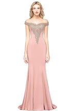 Vestido de noche estilo sirena con apliques dorados y hombros descubiertos, vestido de fiesta ajustado