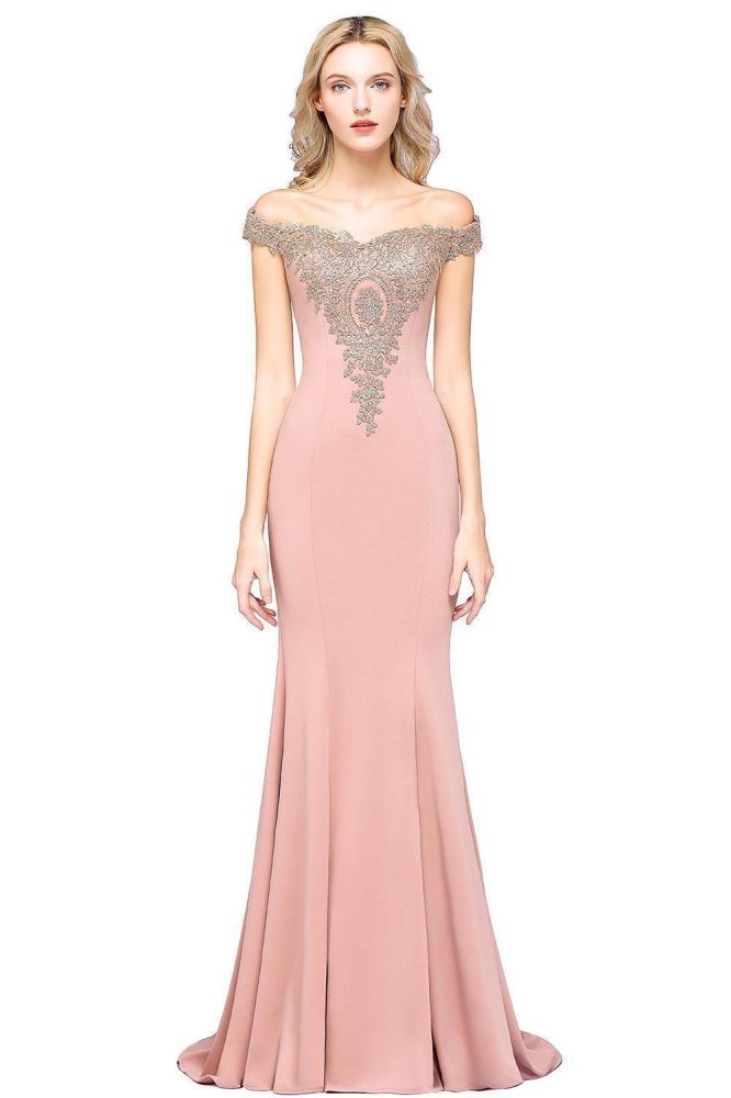 Vestido de noche estilo sirena con apliques dorados y hombros descubiertos, vestido de fiesta ajustado