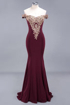 Vestido de noche estilo sirena con apliques dorados y hombros descubiertos, vestido de fiesta ajustado