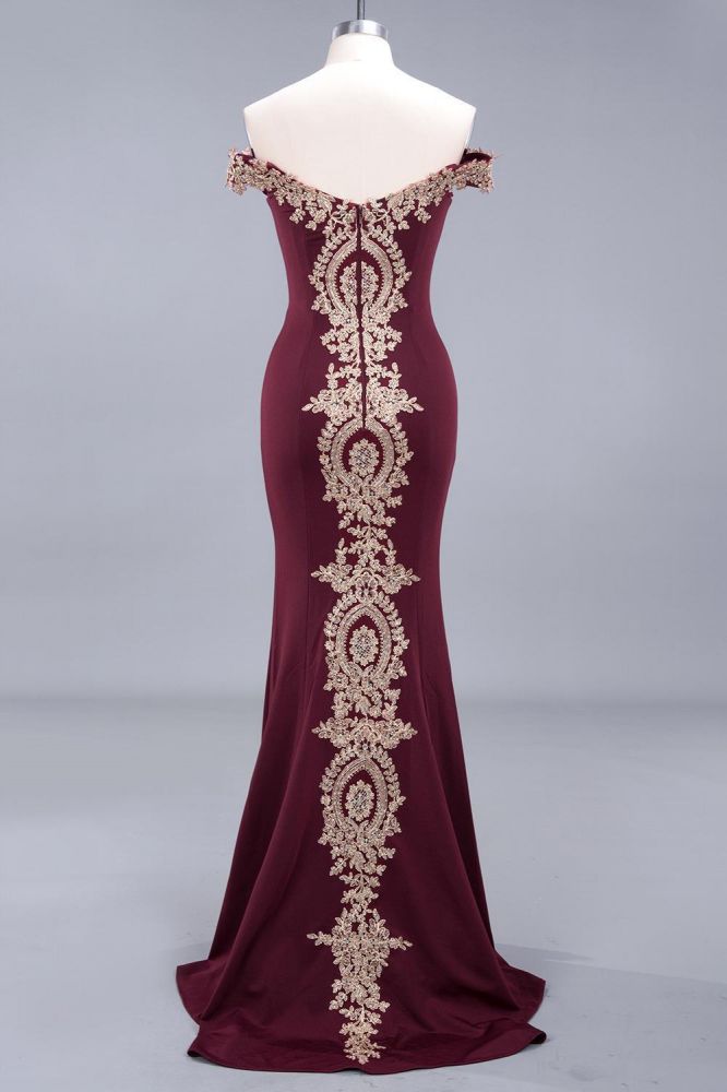 Vestido de noche estilo sirena con apliques dorados y hombros descubiertos, vestido de fiesta ajustado