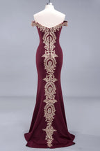 Vestido de noche estilo sirena con apliques dorados y hombros descubiertos, vestido de fiesta ajustado