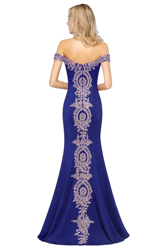 Vestido de noche estilo sirena con apliques dorados y hombros descubiertos, vestido de fiesta ajustado