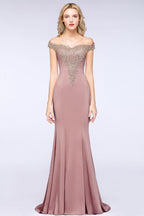 Vestido de noche estilo sirena con apliques dorados y hombros descubiertos, vestido de fiesta ajustado