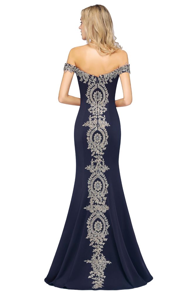 Vestido de noche estilo sirena con apliques dorados y hombros descubiertos, vestido de fiesta ajustado