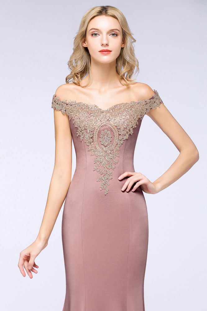 Vestido de noche estilo sirena con apliques dorados y hombros descubiertos, vestido de fiesta ajustado