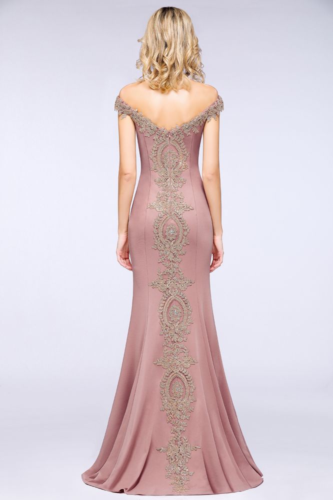 Vestido de noche estilo sirena con apliques dorados y hombros descubiertos, vestido de fiesta ajustado