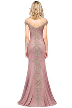 Vestido de noche estilo sirena con apliques dorados y hombros descubiertos, vestido de fiesta ajustado