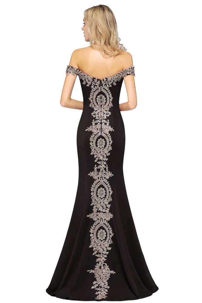 Vestido de noche estilo sirena con apliques dorados y hombros descubiertos, vestido de fiesta ajustado