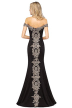 Vestido de noche estilo sirena con apliques dorados y hombros descubiertos, vestido de fiesta ajustado