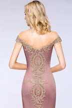 Vestido de noche estilo sirena con apliques dorados y hombros descubiertos, vestido de fiesta ajustado
